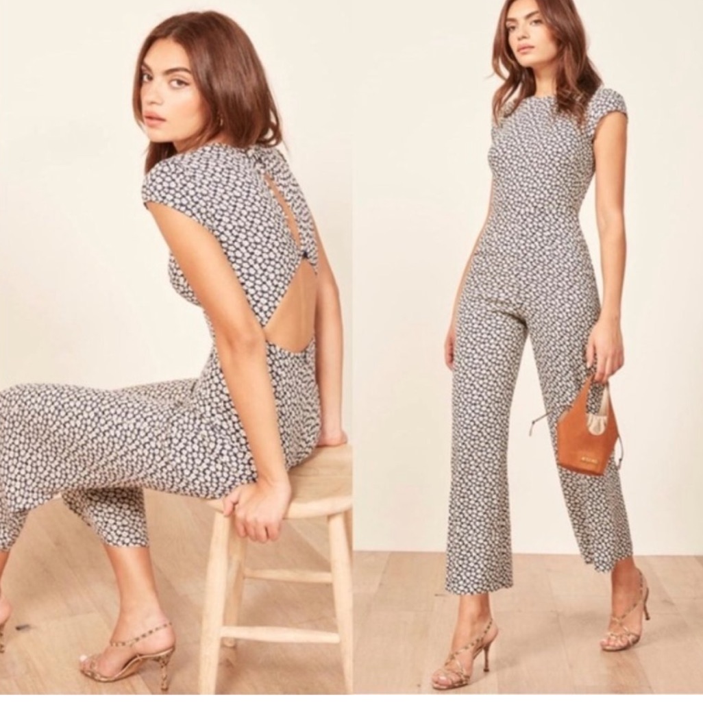 Reformation Mayer Floral Open Back Wide Leg Jumpsuit Navy Size 4